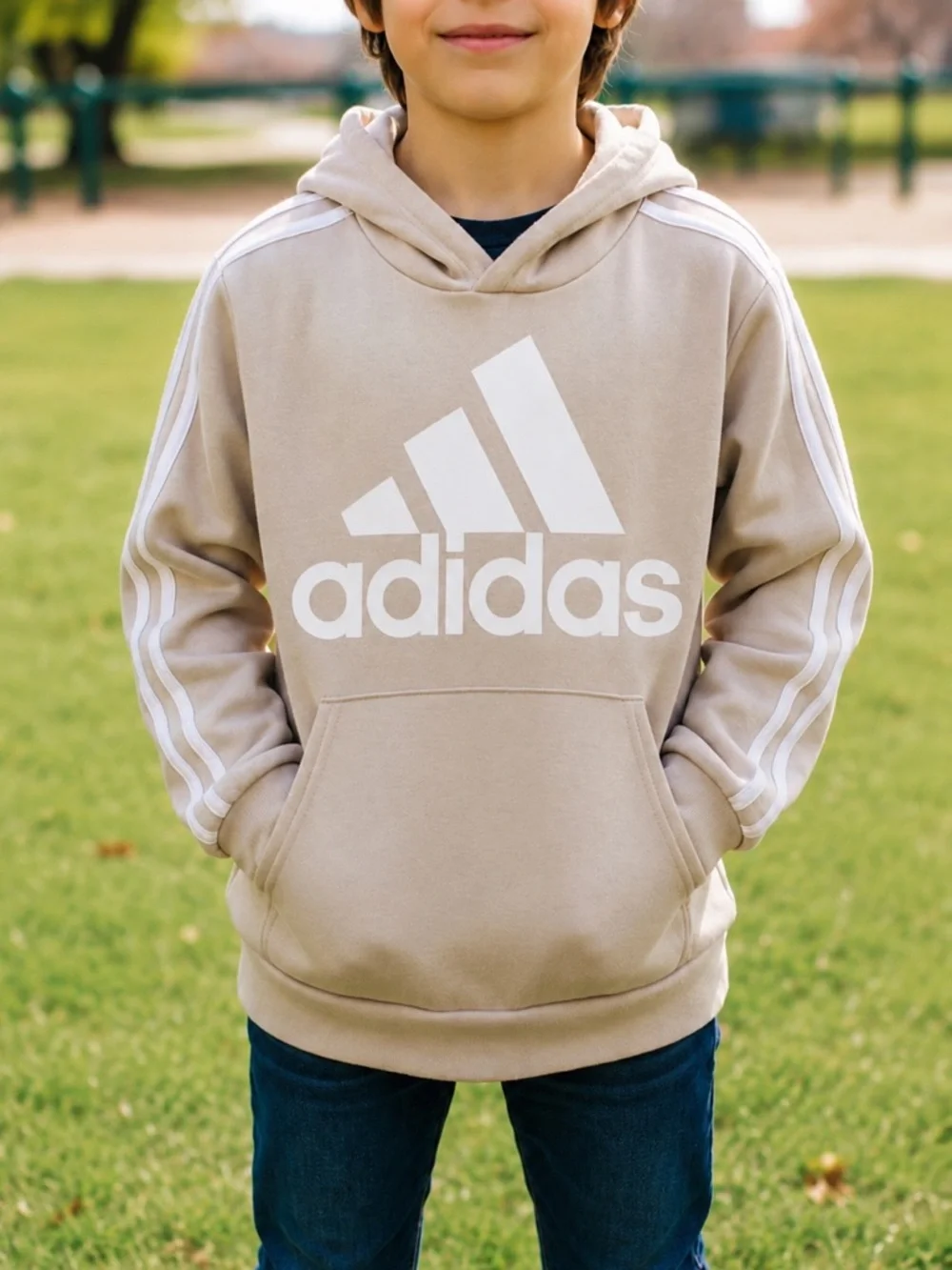 adidas Boys Tech Fleece Hoodie Tan Beige Athletic Logo Sweatshirt Youth M 10 12